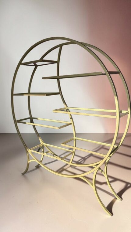 Kulatý regál zlatý se skleněnými policemi 150×172 | Designový regál loft