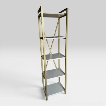 Regál Loft Gold White – kovový regál s policemi, bílé DTD, zlatý rám