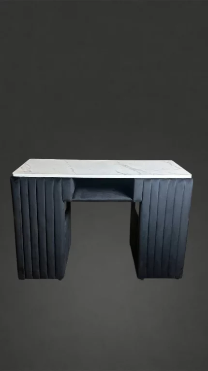 Manikérský stolek Elegance, černý velur, pracovní deska v dekoru mramoru, čelní pohled