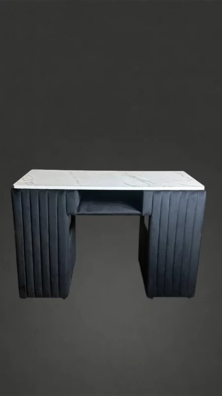 Manikérský stolek Elegance, černý velur, pracovní deska v dekoru mramoru, čelní pohled